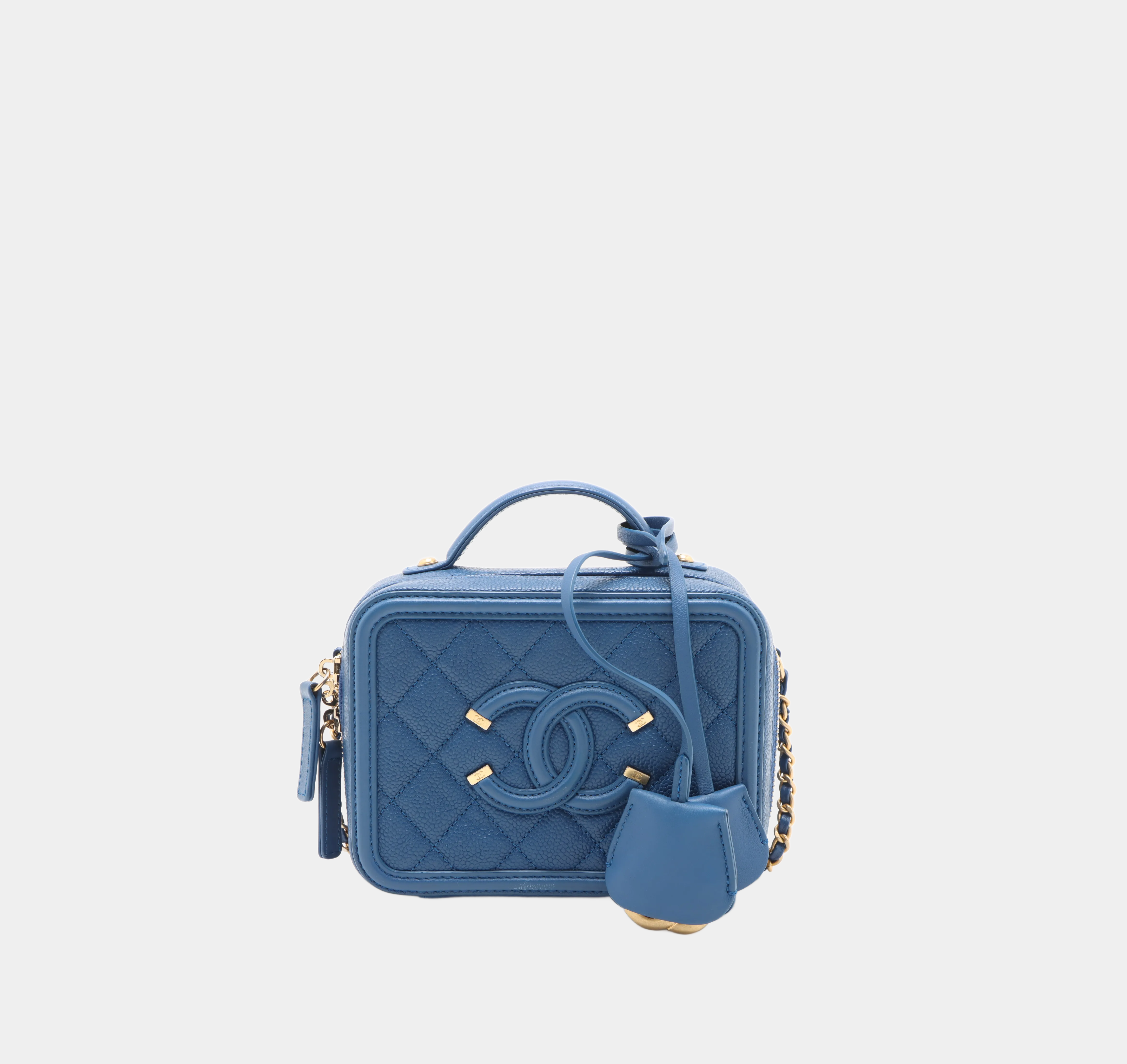 Chanel CC Filigree Caviar Skin 2 Way Handbag Blue Gold Metal