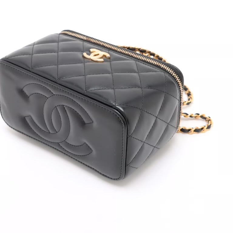 Chanel Matelasse Lambskin 2 Way Handbag Vanity Black Gold Metal - MS Luxury