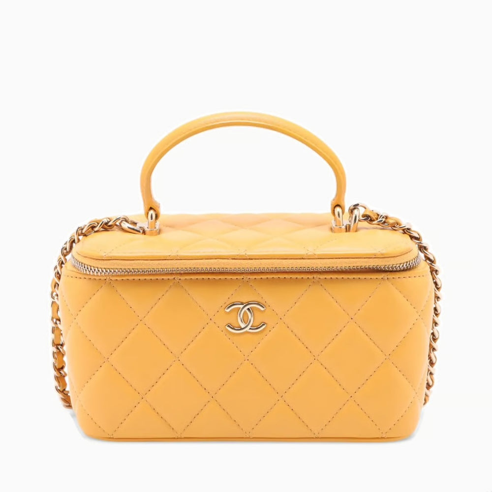 Chanel Matelasse Lambskin 2 Way Handbag Vanity Yellow Gold