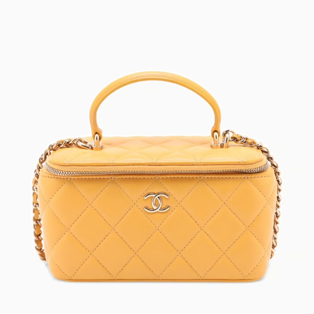 Chanel Matelasse Lambskin 2 Way Handbag Vanity Yellow Gold