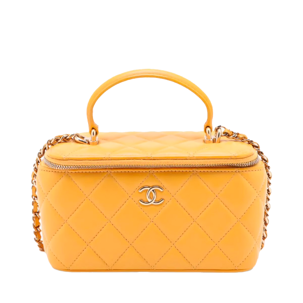 Chanel Matelasse Lambskin 2 Way Handbag Vanity Yellow Gold