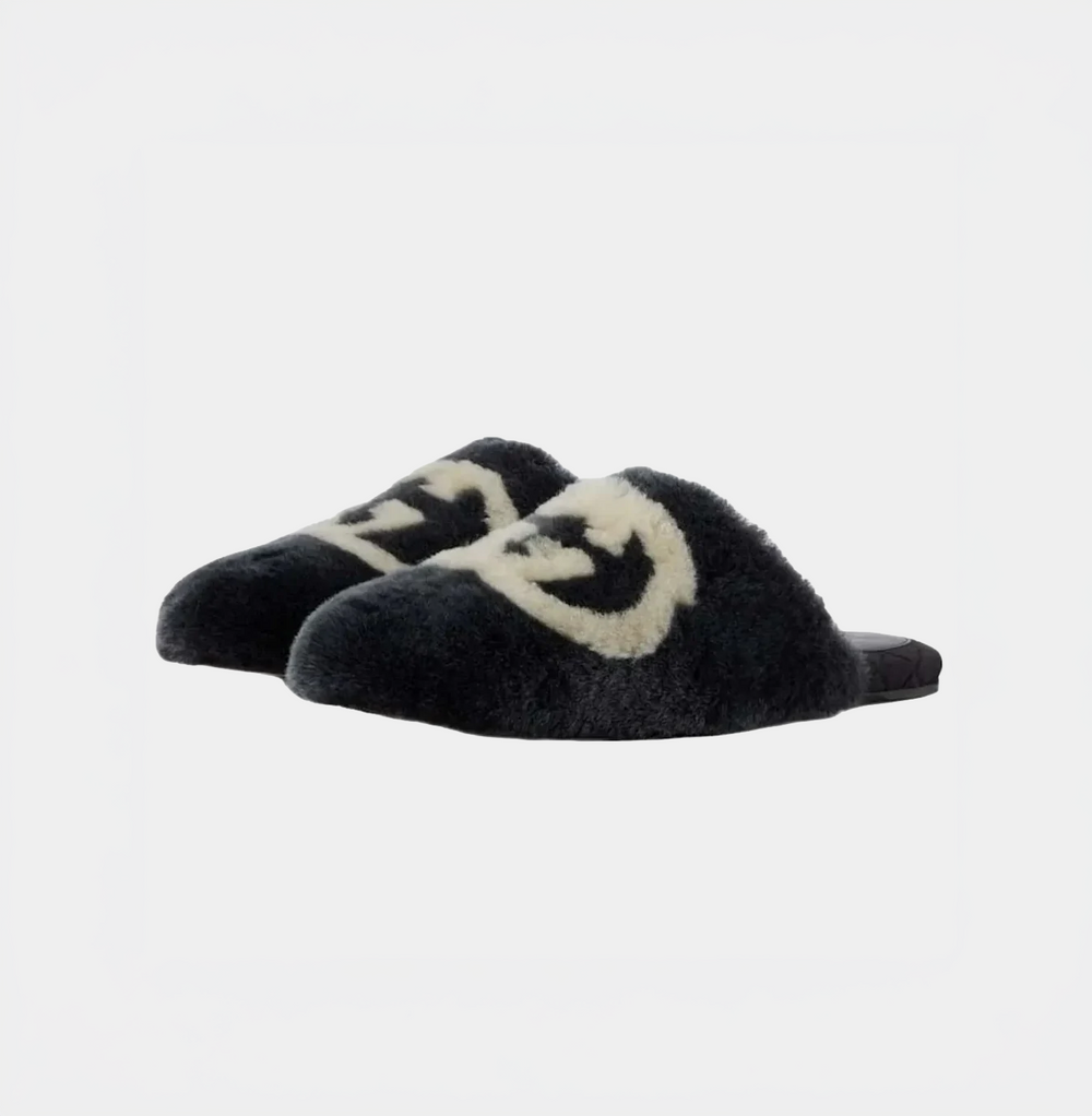 Gucci Interlocking G Faux-fur Slippers Black White - MS Luxury