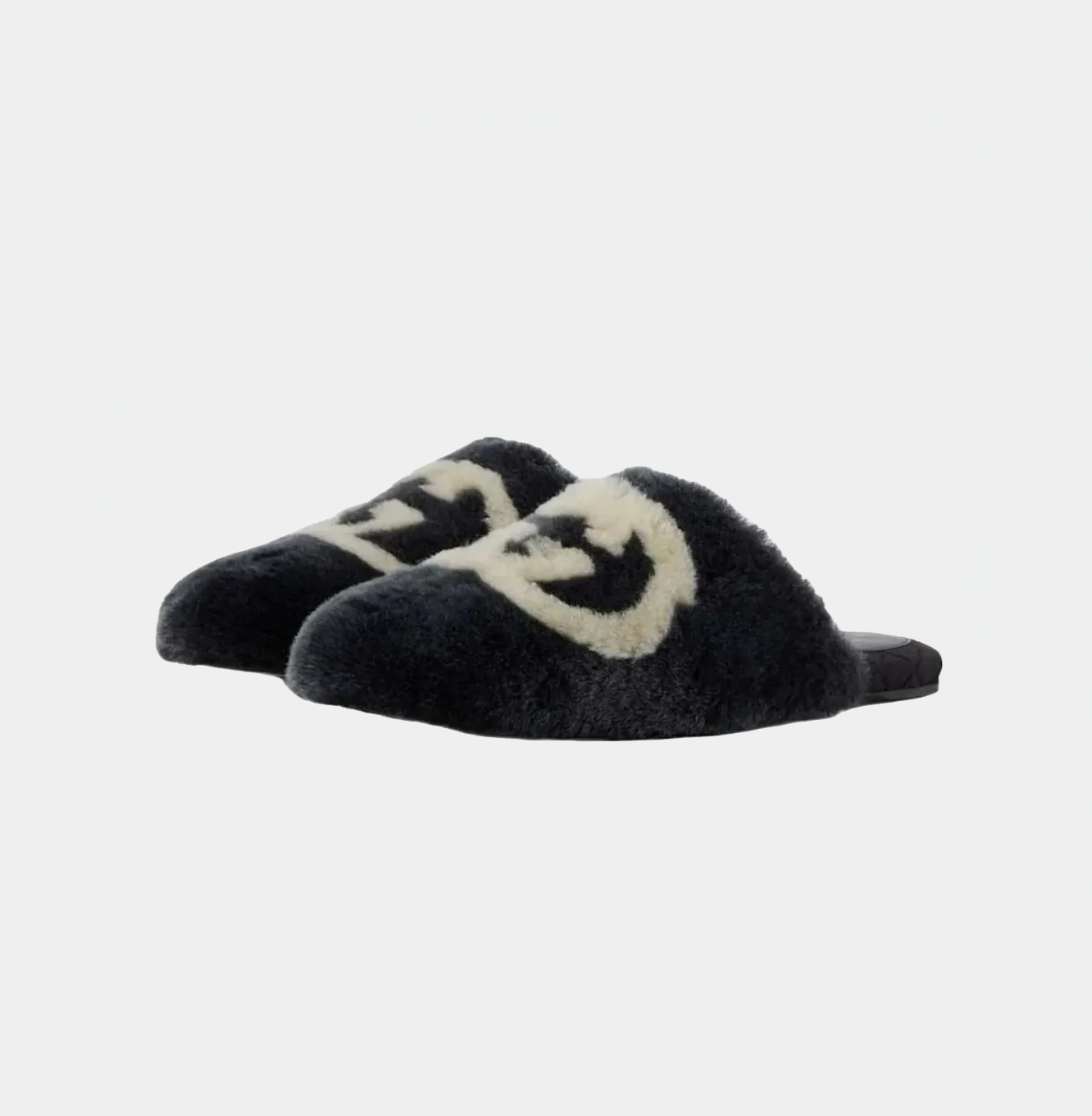 Gucci Interlocking G Faux-fur Slippers Black White
