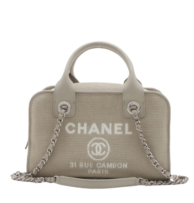 Chanel Deauville Canvas & Leather 2 Way Handbag Beige Silver