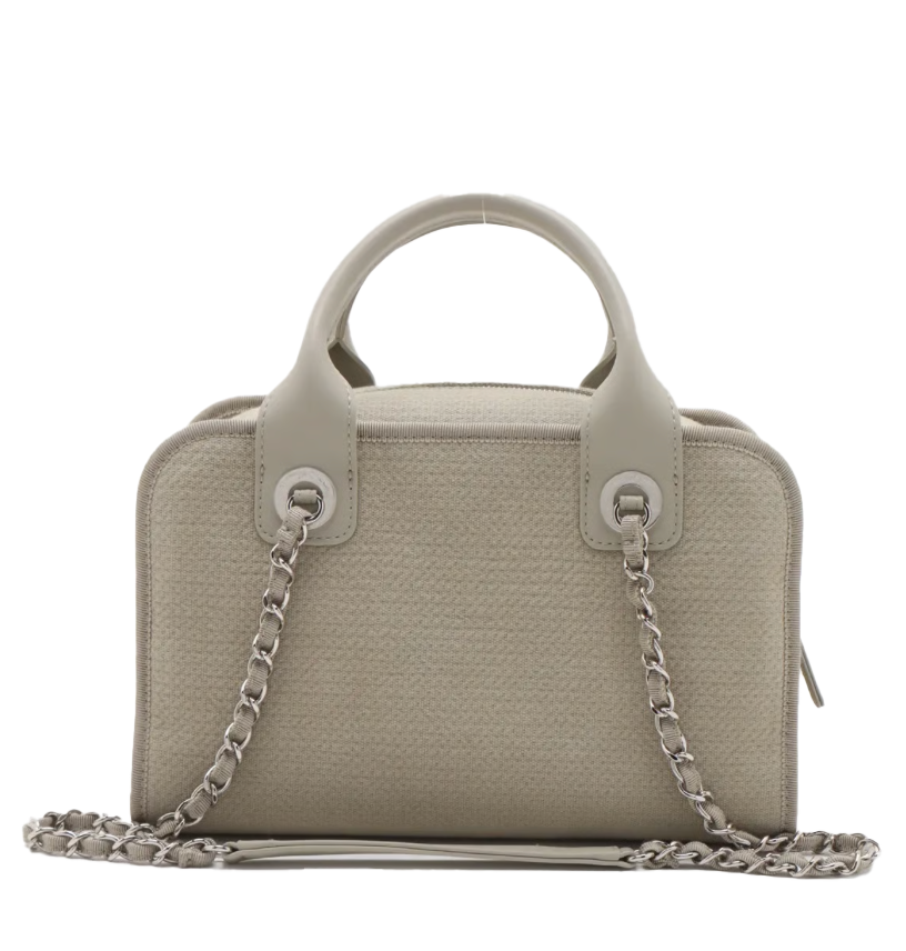 Chanel Deauville Canvas & Leather 2 Way Handbag Beige Silver