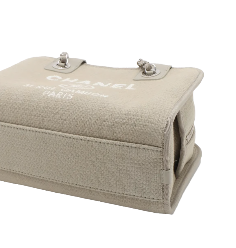 Chanel Deauville Canvas & Leather 2 Way Handbag Beige Silver
