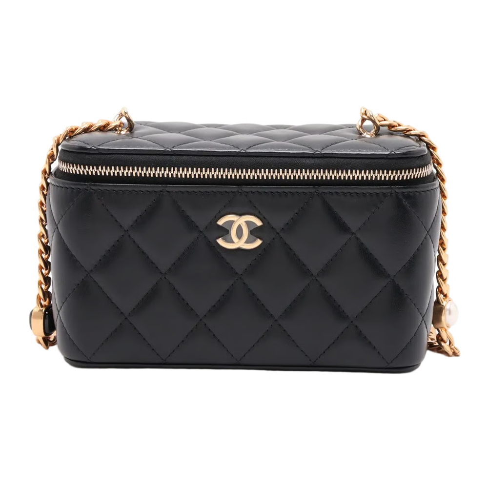 Chanel Matelasse Lambskin Chain Shoulder Bag Vanity Pearl Black