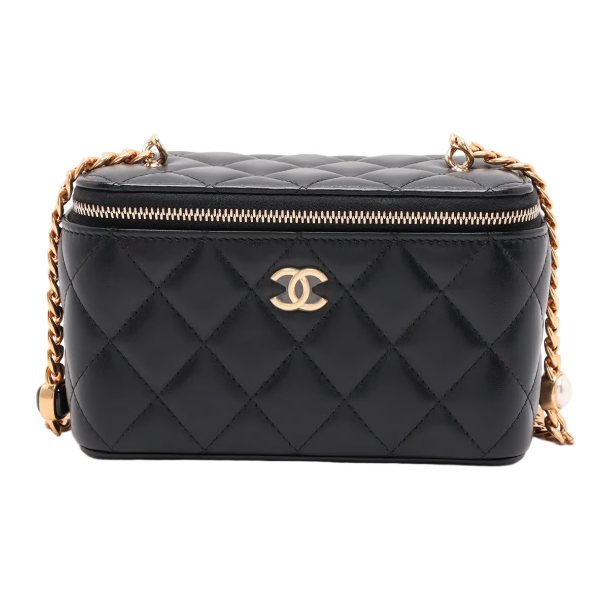 Chanel Matelasse Lambskin Chain Shoulder Bag Vanity Pearl Black