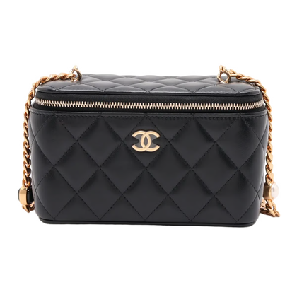 Chanel Matelasse Lambskin Chain Shoulder Bag Vanity Pearl Black