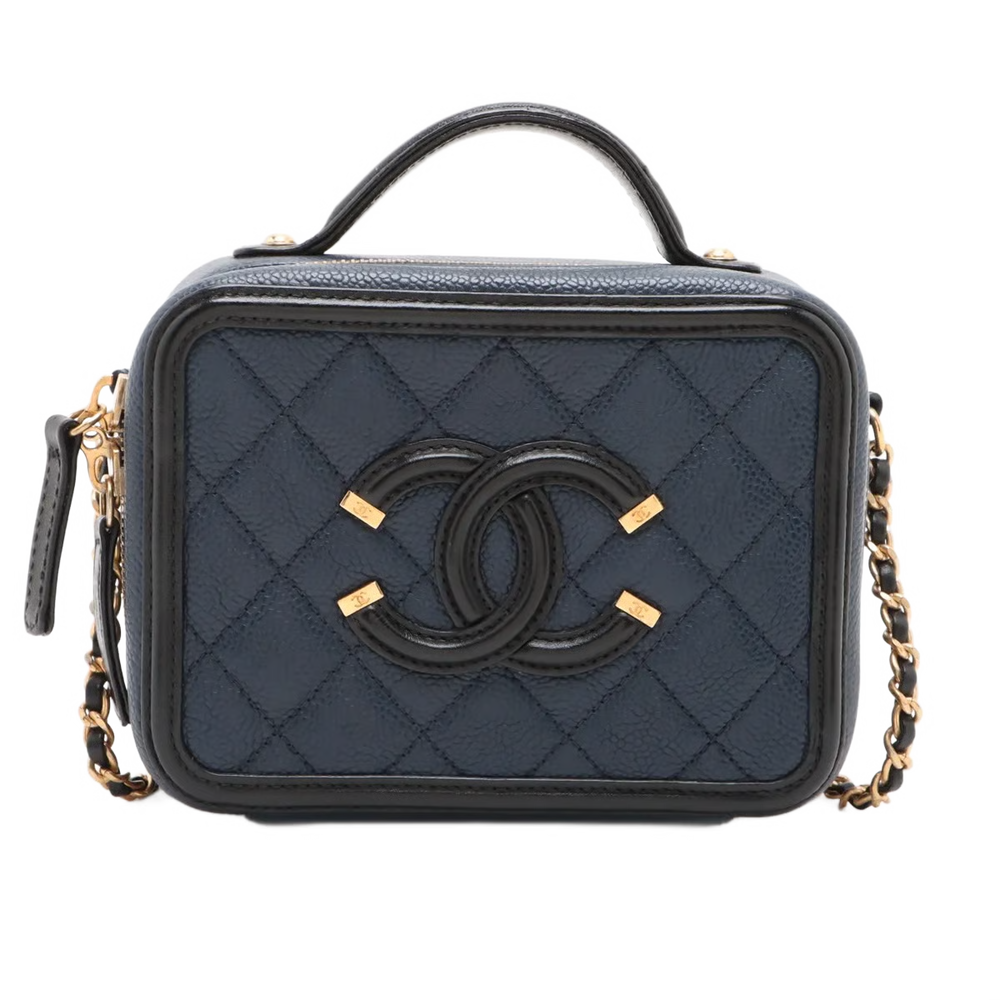 Chanel CC Filigree Caviar Skin 2 Way Handbag Black Gold Metal
