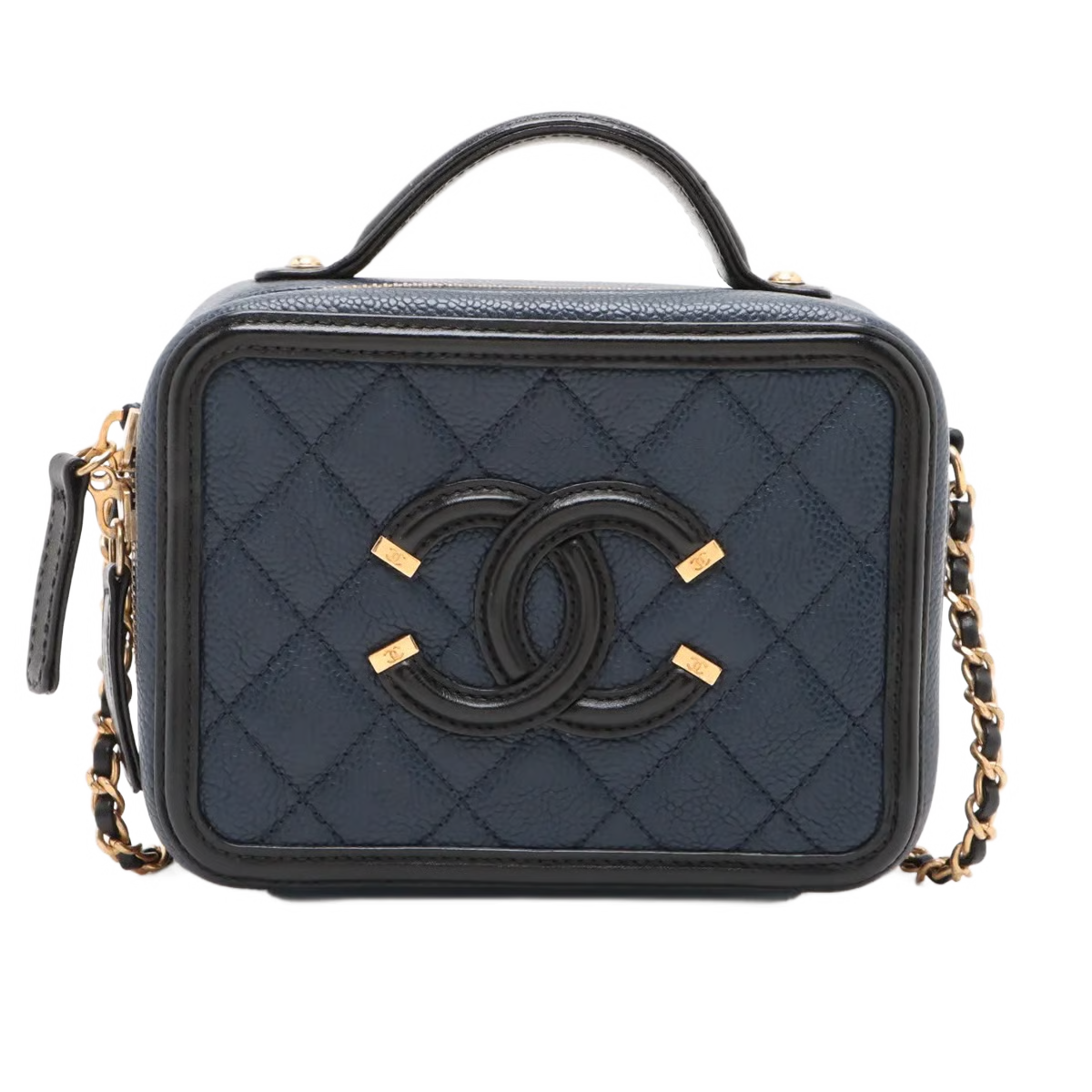 Chanel CC Filigree Caviar Skin 2 Way Handbag Black Gold Metal