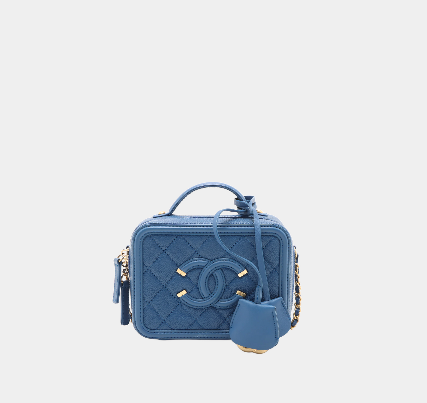 Chanel CC Filigree Caviar Skin 2 Way Handbag Blue Gold Metal