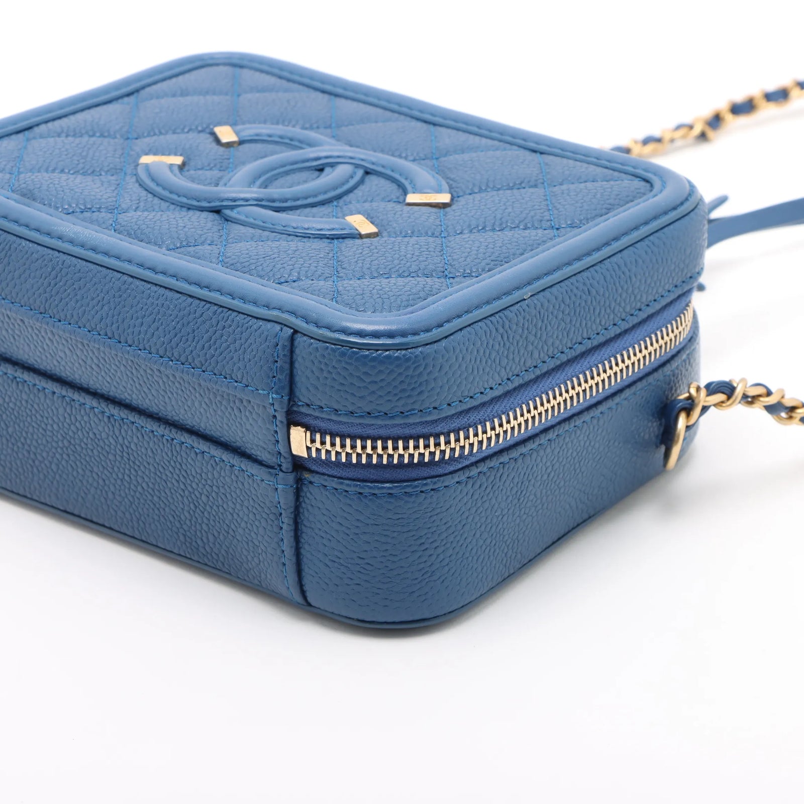 Chanel CC Filigree Caviar Skin 2 Way Handbag Blue Gold Metal